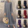 Vestidos Casuales de Moda Otoño Invierno Manga Larga Cuello Redondo Estampado de Color Sólido