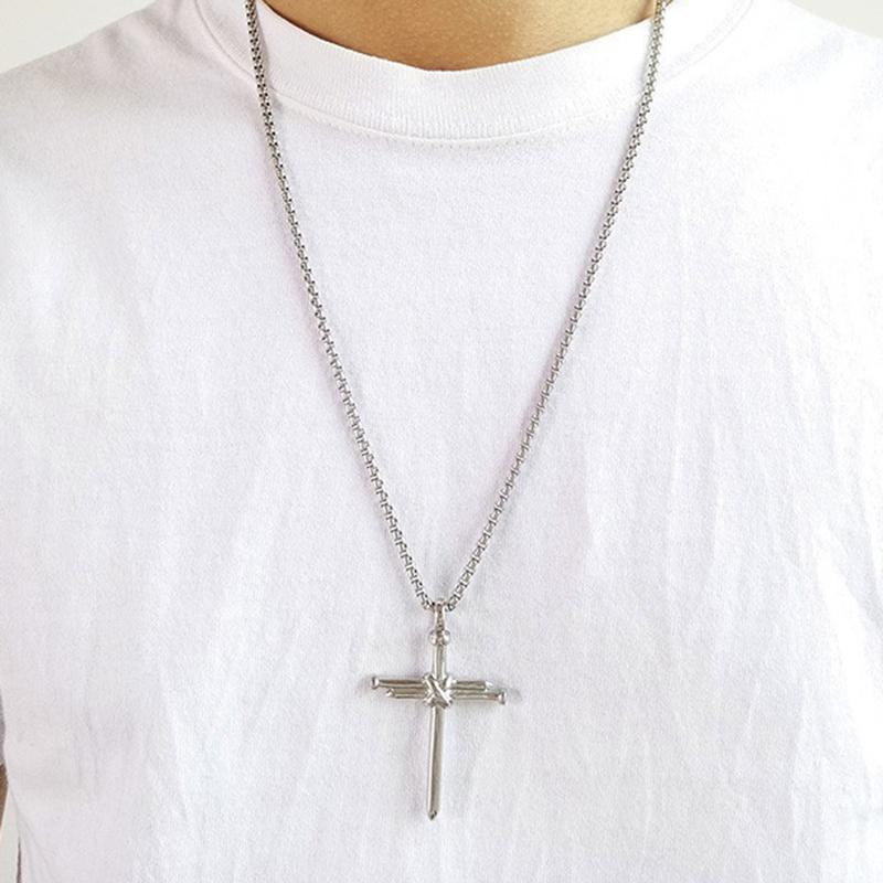 Nail Cross Pendant Necklace For Men Hip Hop Punk Style Copper Color Stainless Steel Chain Christian Church Baptism Party Jewelry