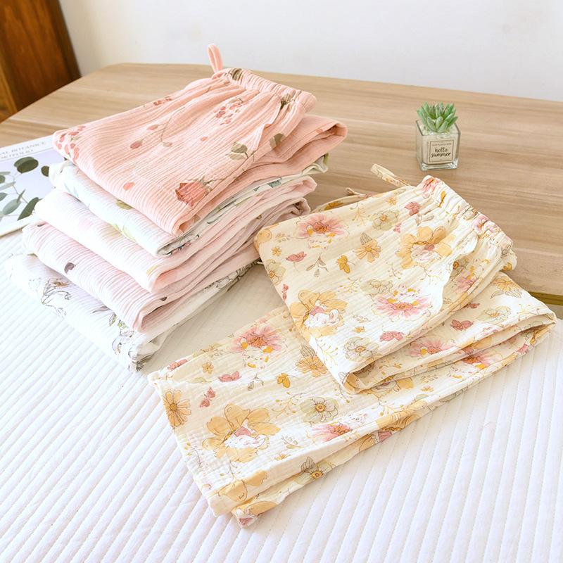 2026 New Spring/Summer Women's Sleeper Pants 100%Cotton Crepe Printed Love Floral Pants Thin Home Pants Bottoms Womens Sleepwear