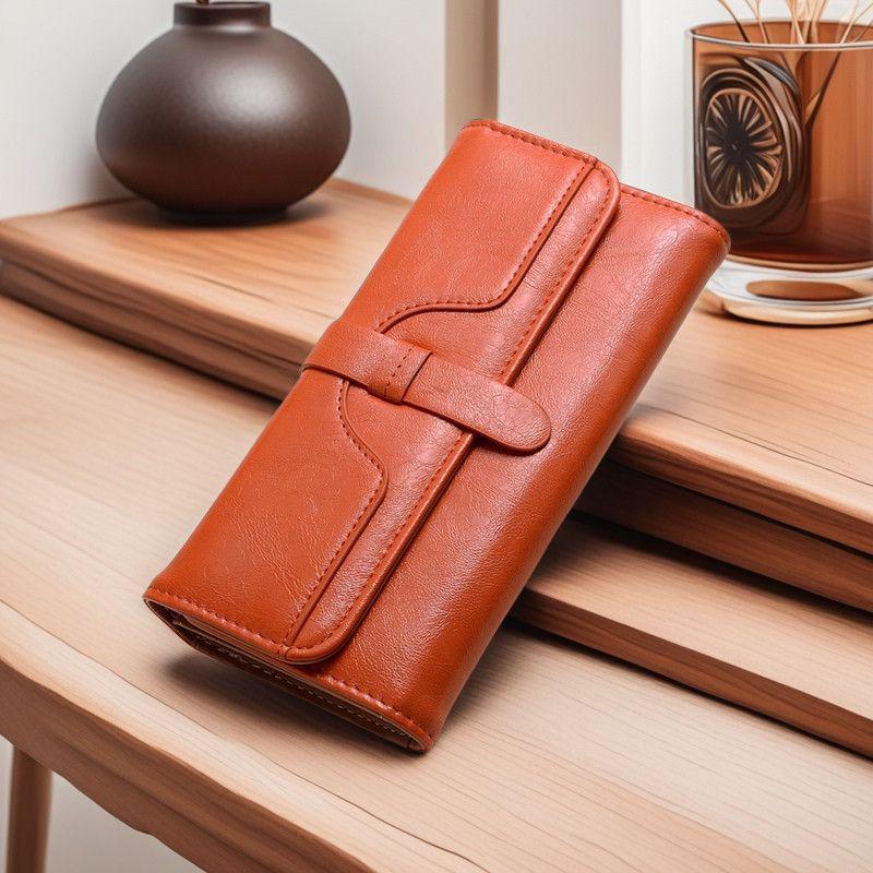 Women's Tri-fold Oil Wax Leather Wallet with Buckle - Multi-Card Holder, Solid Color, Fashionable and Simple Design