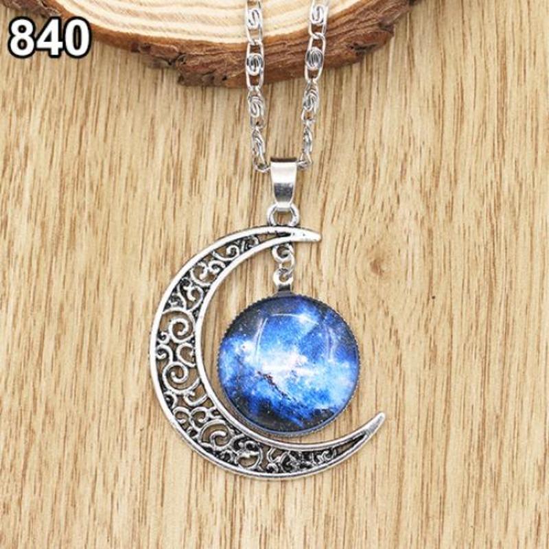 Women Fashion Galactic Glass Alloy Chain Crescent Moon Pendant Necklace