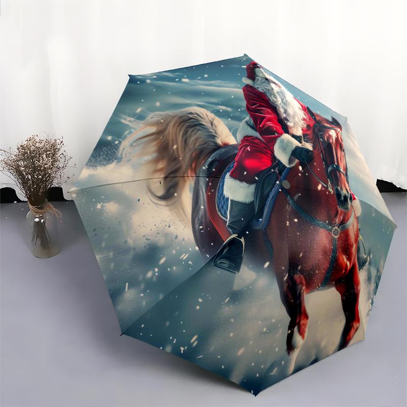 1 PC Automatic Folding Umbrella - Christmas horses, Christmas dogs Pattern, Portable & Foldable Design with 10 Ribs, Christmas Birthday Gifts