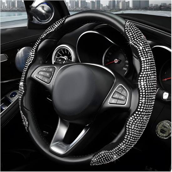 2PCS Steering Wheel Cover, Sparkling Rhinestone Segmented Steering Wheel Protector Fit 14-15.6 Inch, Non-Slip Wheel Wrap Cover Bling Car Interior