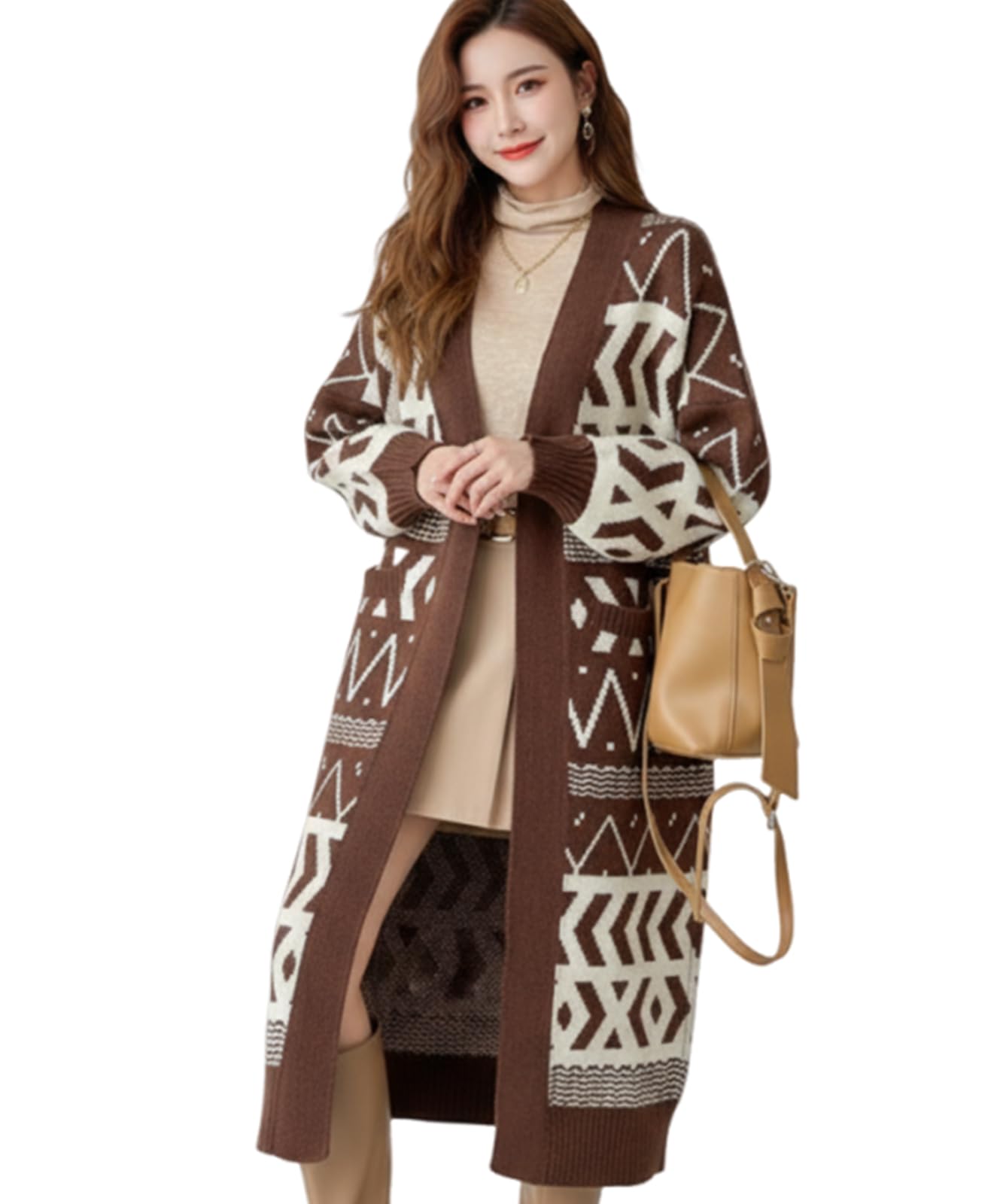 

United Doors Ortega Pattern Long Knit Cardigan, Fall/Winter Outerwear, Gown, Casual Outerwear, Brown, 5A-D04-BRS
