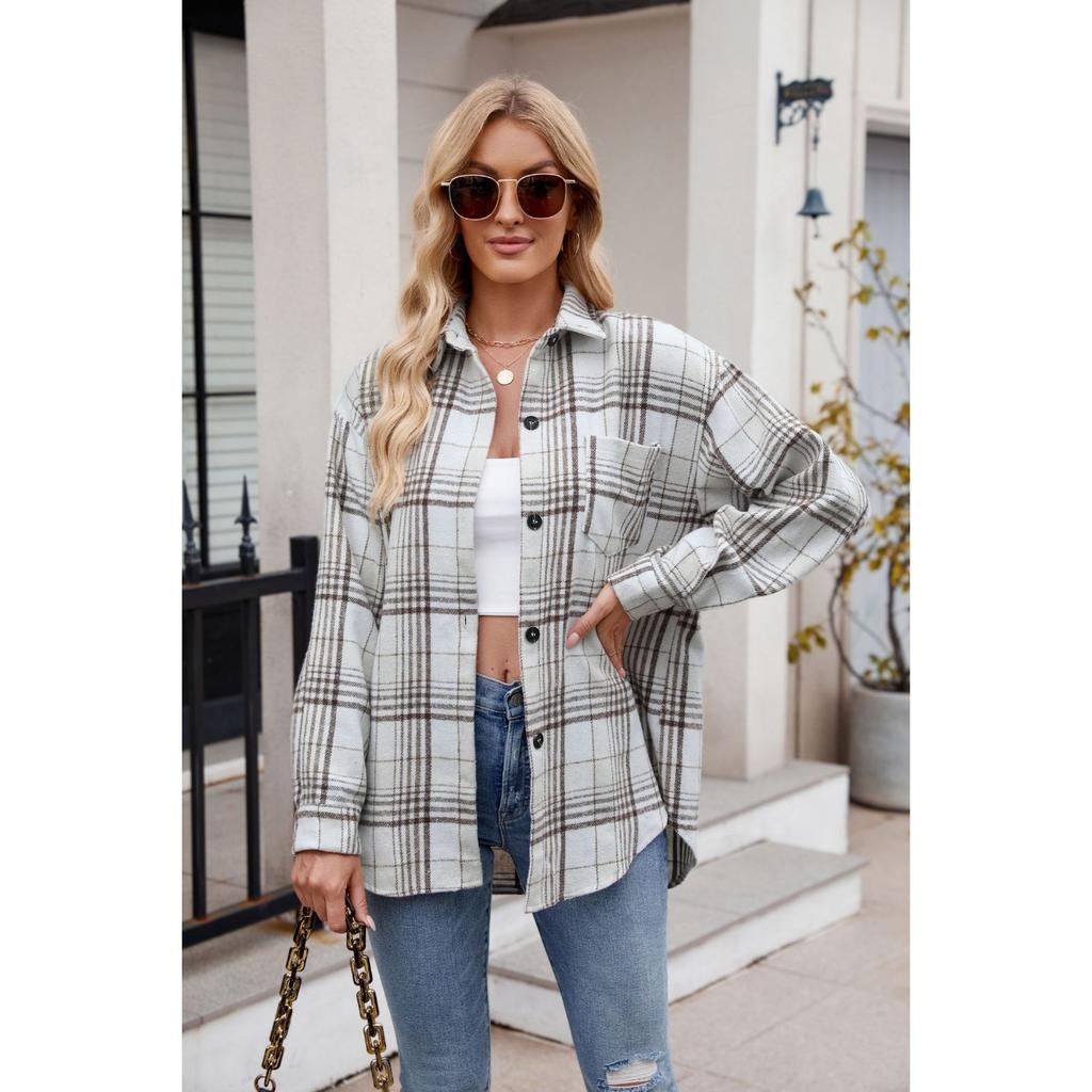 Women's Clothing, Thousand Bird Plaid, Buttons, Flannel, Woolen Shirt