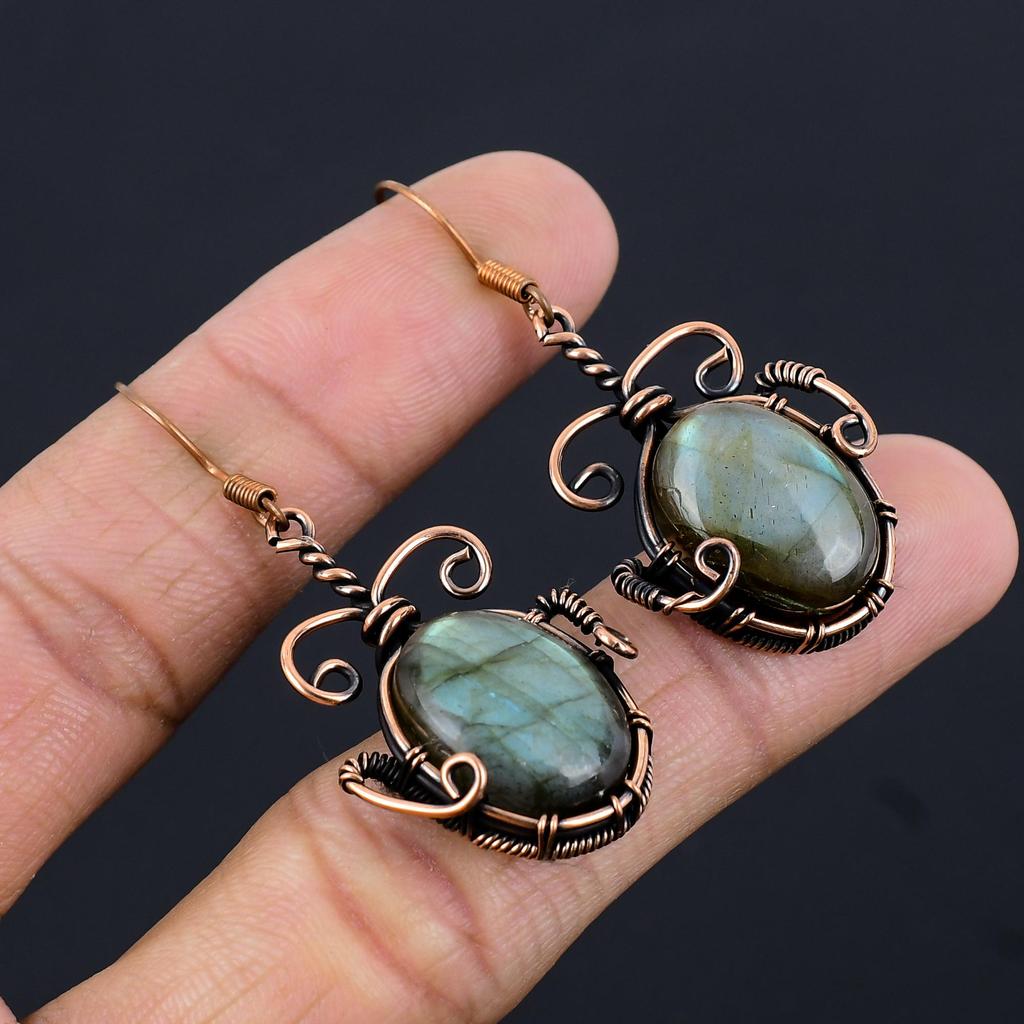 Labradorite 999 Copper Wire Wrapped Earrings, Handmade Gemstone Earrings Jewelry, Gifts For Wife Brand New Earrings