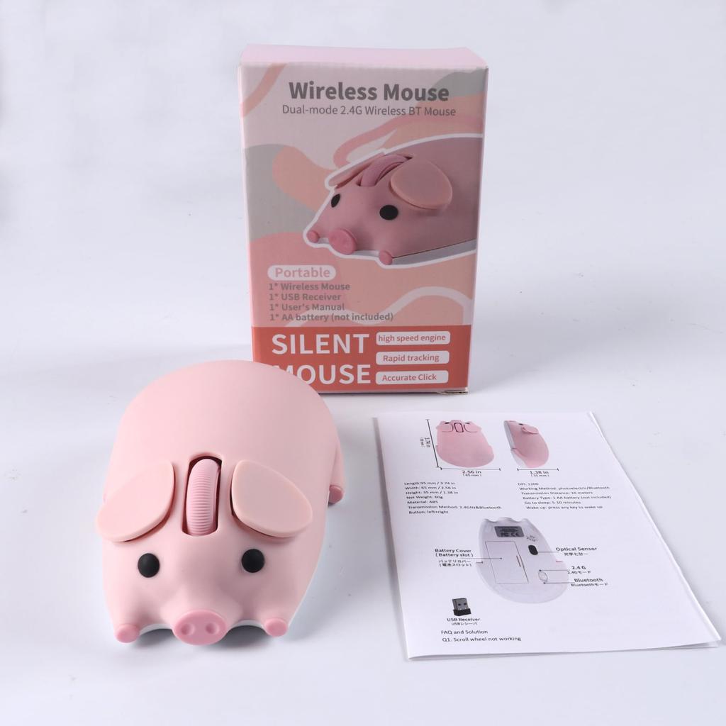 Wireless Bluetooth USB Cute Pig Compatible with Tablet and Laptops Mouse, 2.4GHz, 2-Device Connection, Design, Wireless, Quiet, Battery-Operated,