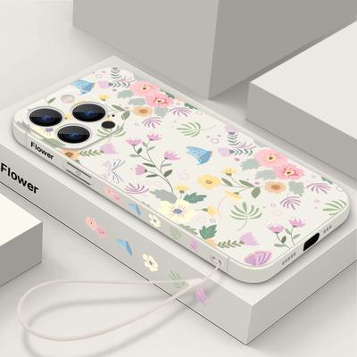 Shockproof Flower Print Phone Case For iPhone 16 15 14 Pro Max 13 Plus 12 Mini 11 8 7 Slim TPU Soft Lanyard Cover