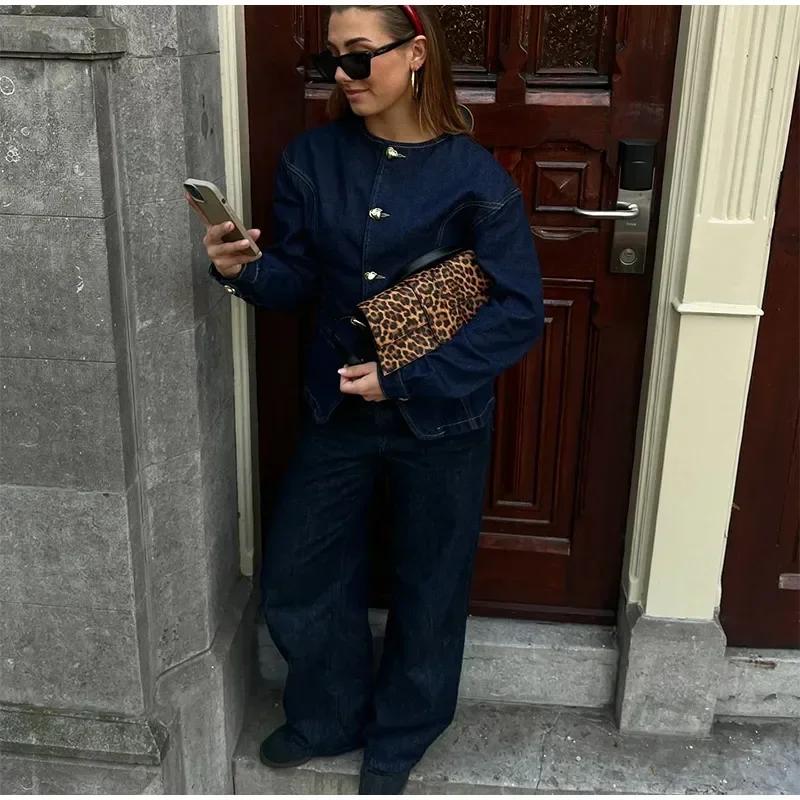 Fashion Denim Jacket Women O-neck Single Breasted Loose Long Sleeves Coat Spring Female Outwear