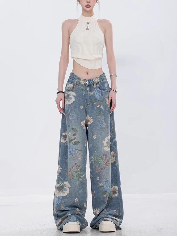 Printed Denim Jeans, Loose Fit, Versatile Wide-leg Pants