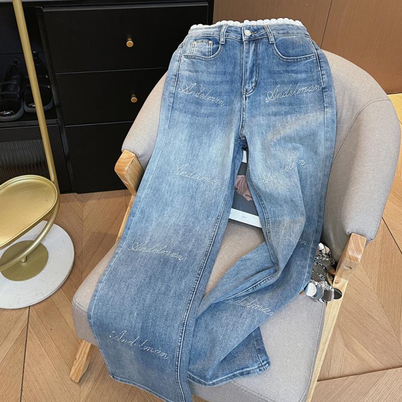 American Spicy Girl Rhinestone Lace Patchwork High-Waisted Straight Leg Slimming Denim Jeans