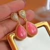 Creative Ancient Gold Crafts  Inlaid Diamonds Pink Fritillaria Water Droplets Long Earrings For Women Sweet Fresh Fine Jewelry