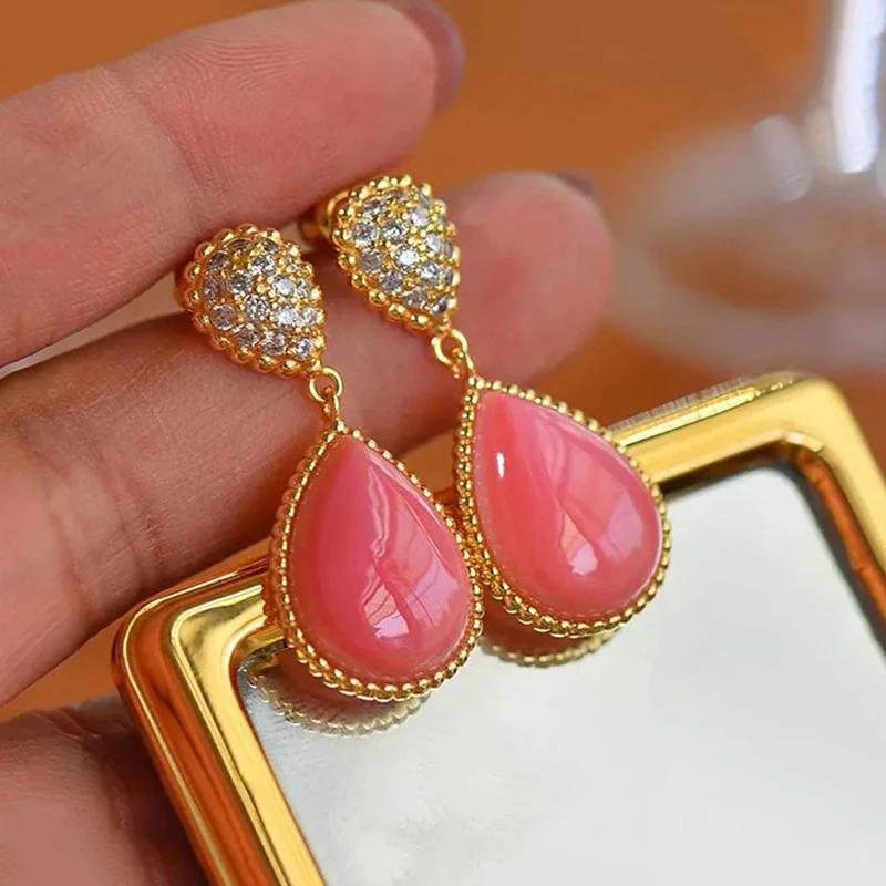 Creative Ancient Gold Crafts  Inlaid Diamonds Pink Fritillaria Water Droplets Long Earrings For Women Sweet Fresh Fine Jewelry