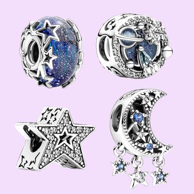 Charm-Anhänger aus Sterlingsilber mit Galaxie-Blau und Murano-Stern, Stern und Halbmond, als Geburtstagsgeschenk für Damen, Armband, DIY-Schmuck