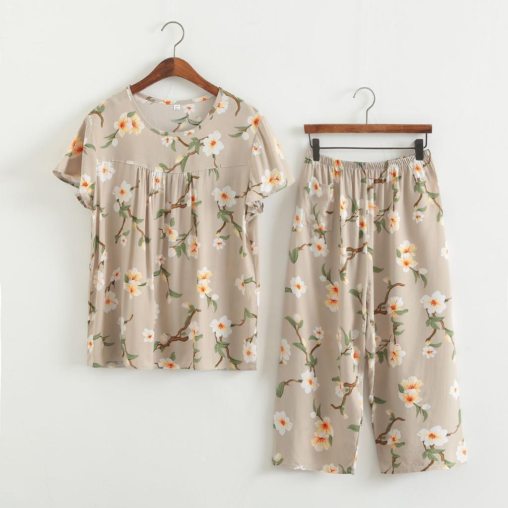 Baumwollseidenset Kurzarm-Caprihose für Damen mittleren Alters und ältere Frauen im Sommer, dünnes Oberteil, cooles Zuhause