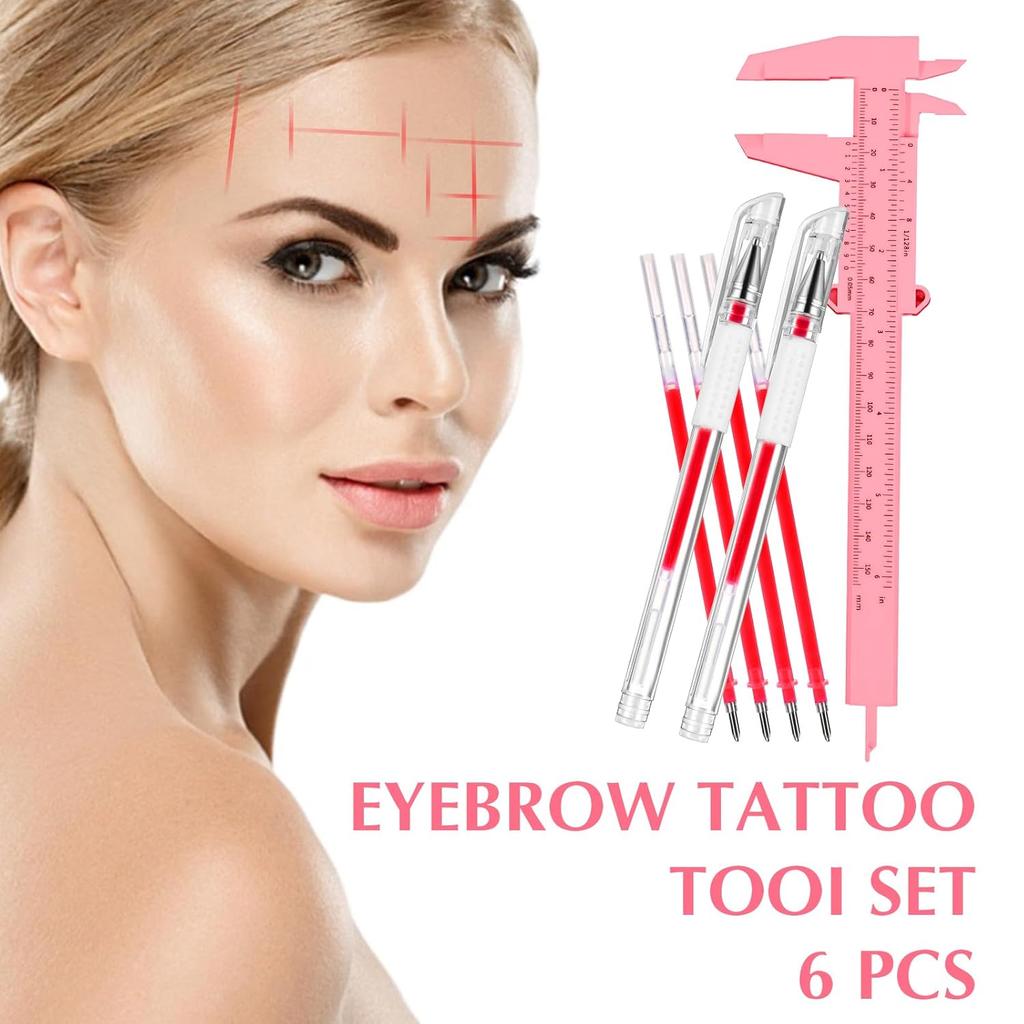 2 Pcs Eyebrow Mapping Pen, Microblading Brow Mapping Pen with 4 Replacement Refills and 1 Pink Ruler, Red Eyebrow Pencil for Women, Makeup Skin