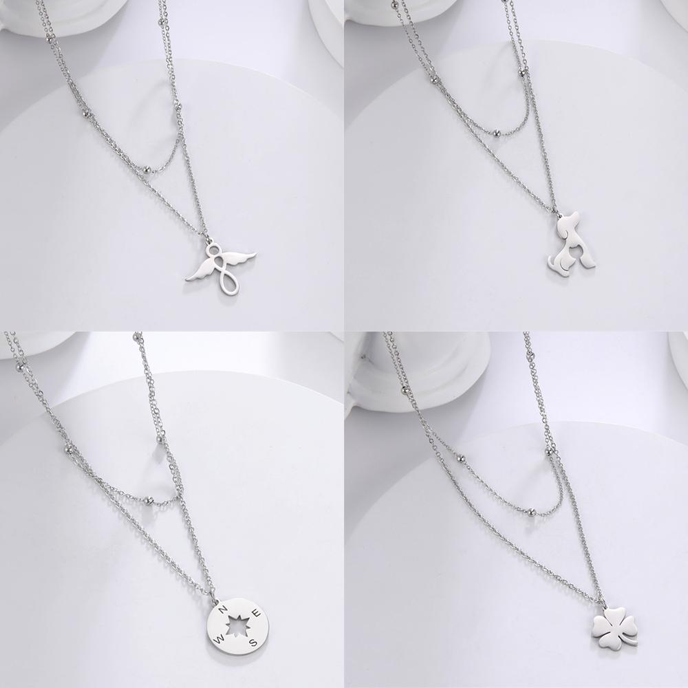 Cazador Dog Cat Four Leaf Clover Pendant Necklace for Women Stainless Steel Compass Angel Choker Double Chain Neck Jewelry 2026