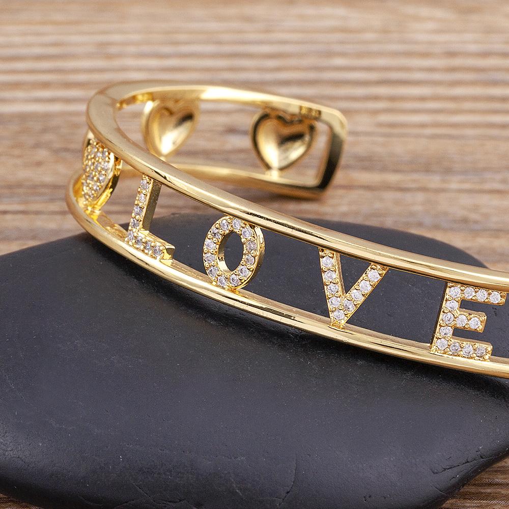 Nidin Romantic Love Letters Gold Color Bangle AAA Zircon Fashion Alphabet Charms Open Adjustable Jewelry Women Anniversary Gift