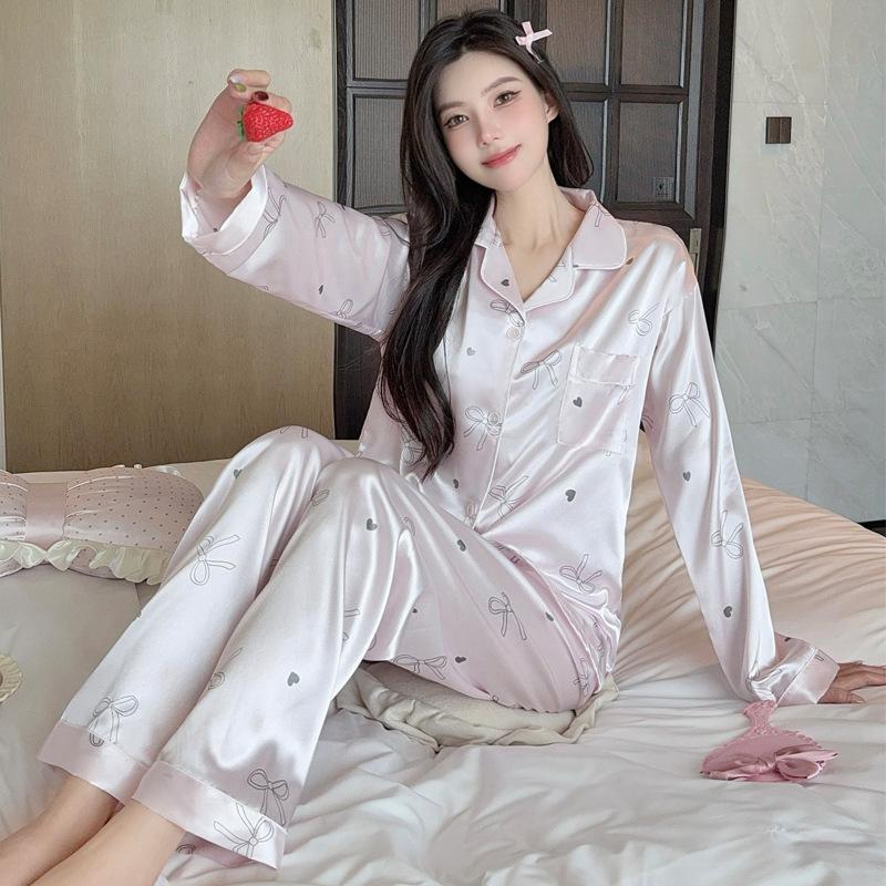 Spring, Autumn And Summer Ice Silk Pajamas Women'S Light Luxury Pure Wind Bow Long Sleeve Loose Loungewear Fashion Suit