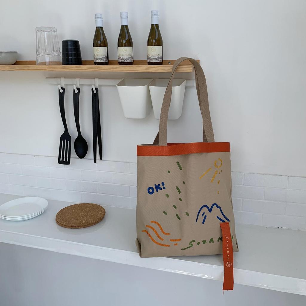 Women Color Contrast Weave Belt Canvas Shoulder Bag Embroidered Large Capacity Student Tote Bag