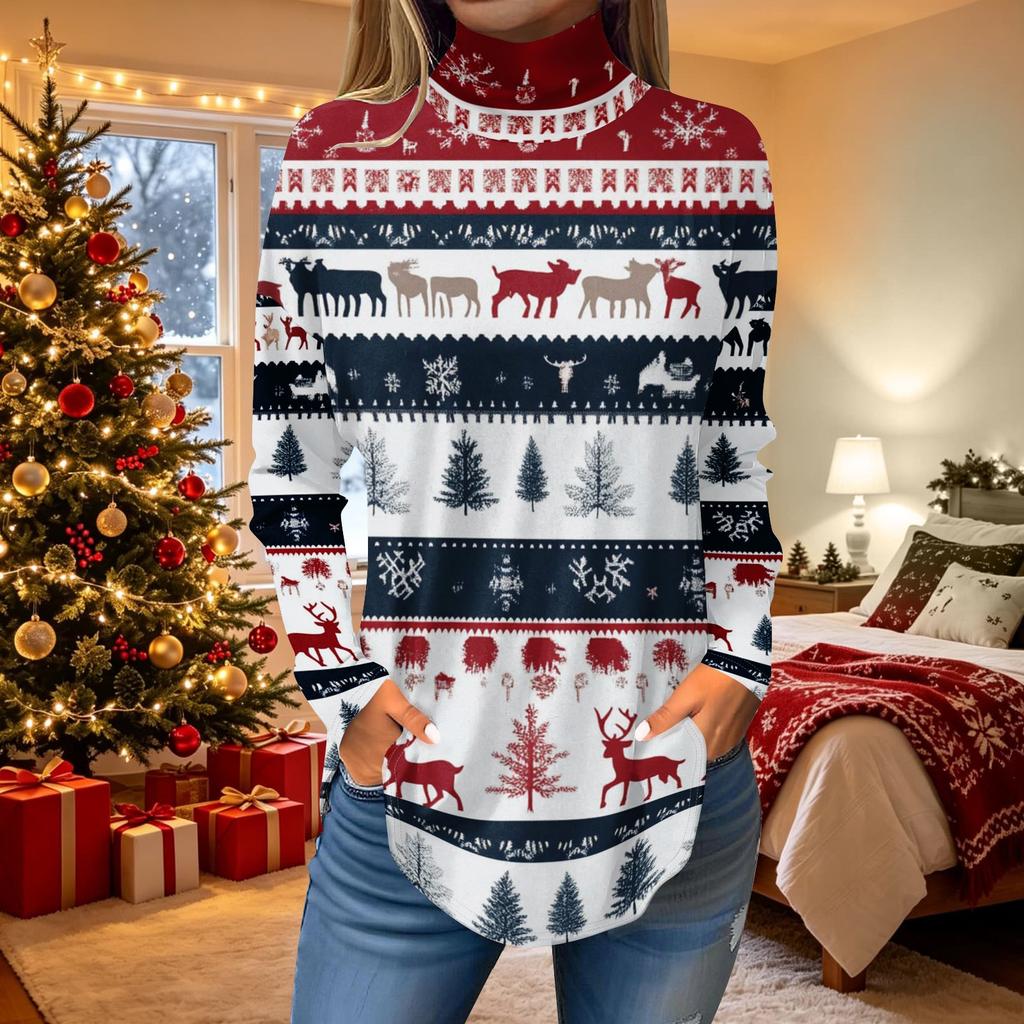 Women's Loose Fit Turtleneck Christmas Print Long Sleeve Pullover Top for Holiday