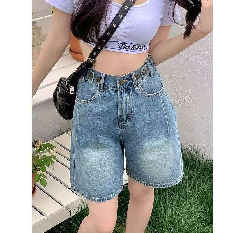 Women's Small American Style Denim Shorts - Summer Slimming, Versatile Wide-Leg Pants
