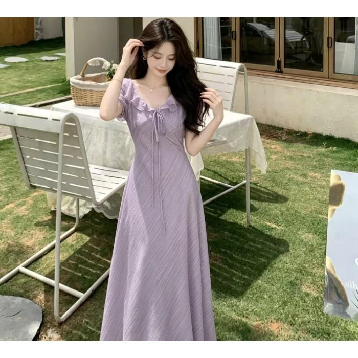 French Skinny Purple Seaside Dress 2026 Summer New Slim Bubble Sleeve Lotus Leaf Edge Collar Long Dress Women