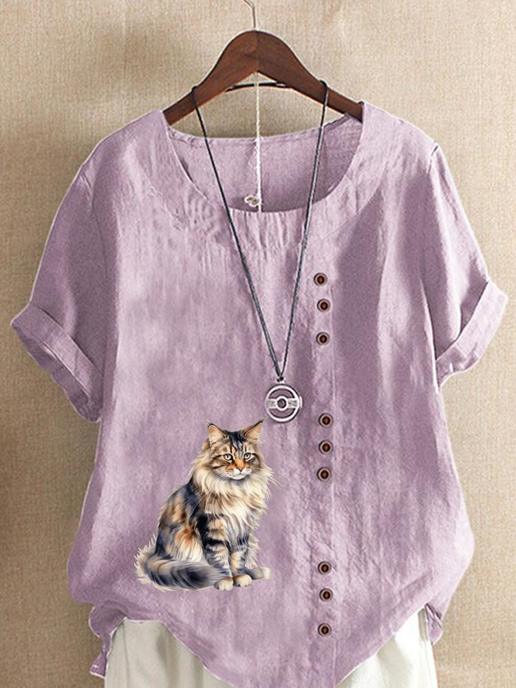 Women's Fashion Cat Print Round Neck Short Sleeve T-shirt Summer Casual Cotton Linen Graphic Shirt Leisure Loose Blouse Tops
