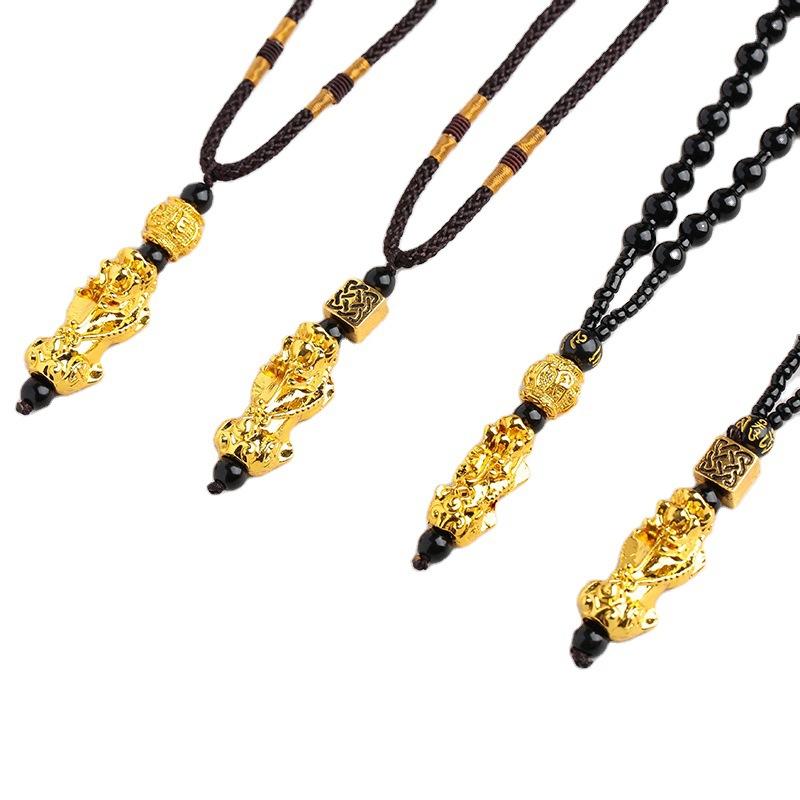 1 Peça Colar Pingente Pixiu para Riqueza Boa Sorte Feng Shui Chinês Fé Colar de Contas de Obsidiana Joia de Moda Unissex