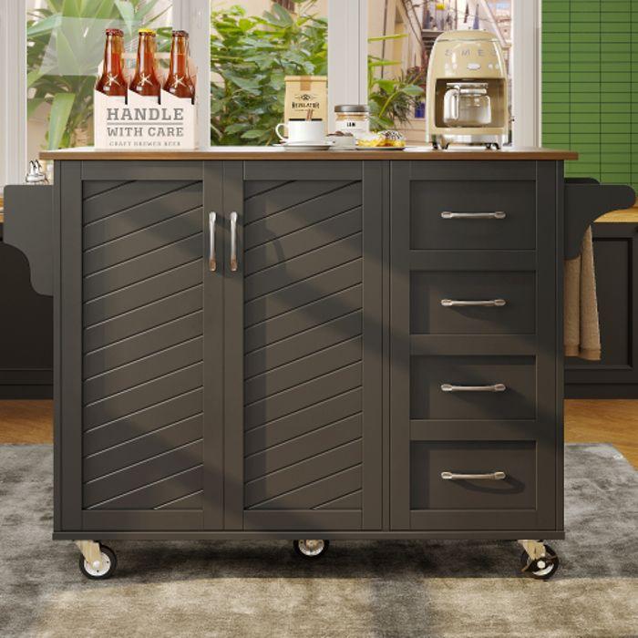 Chariot De Cuisine - MUVOE - Buffet Noir - Plateau Pliable - 2 Tiroirs - 2 Portes