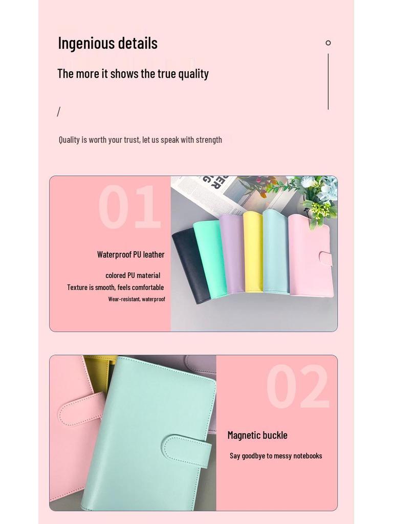 Korean Heart Macaron A5/A6 Ring Binder Notebook - PU Journal with 6-Hole Design