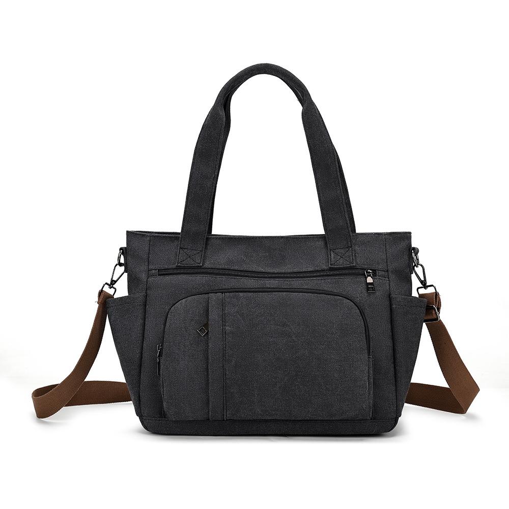 Bolsa Tote de Lona Color Sólida com Múltiplos Bolsos de Grande Capacidade Bolsa de Ombro Feminina Vintage para o Dia a Dia Bolsa Transversal
