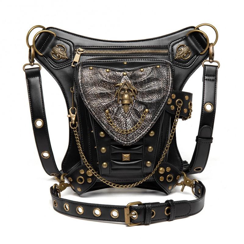 Punk Style Skull Chain Motorcycle Bag Women - Shoulder Crossbody Waist Pack With Zippered Pockets