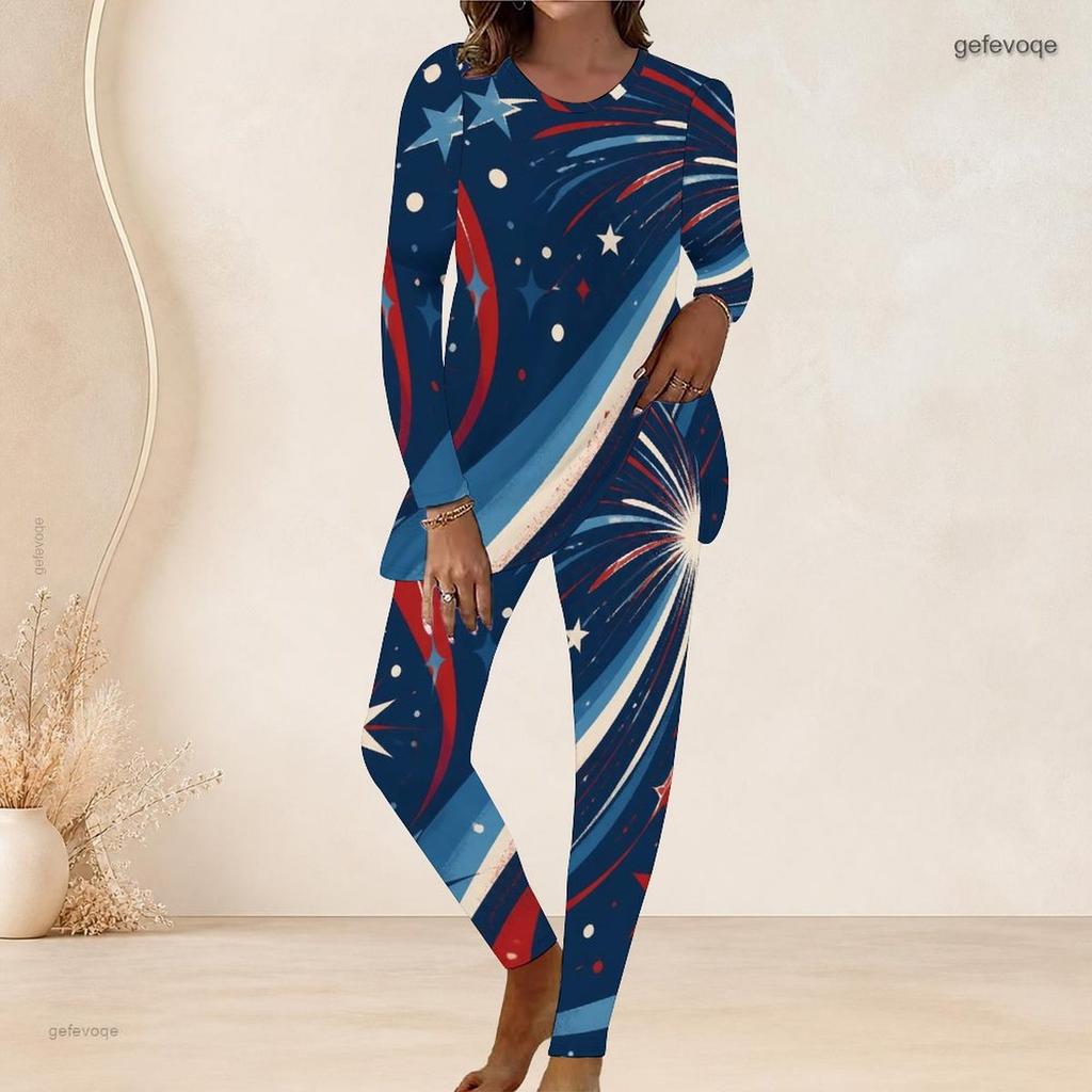 Women Plus Size Navy Blue Fireworks Printed Round Neck Long Sleeve Longline Top Fitted Pants Two Piece Set