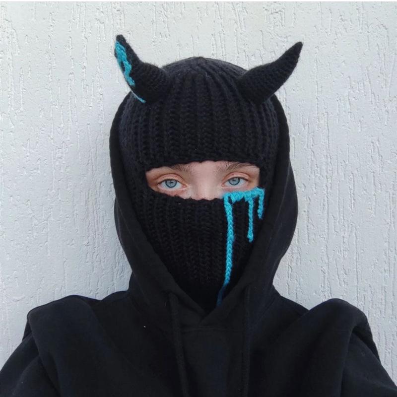 Y2K Style Crochet Halloween Party Cow Horn Parent-Child Ski Mask Hat