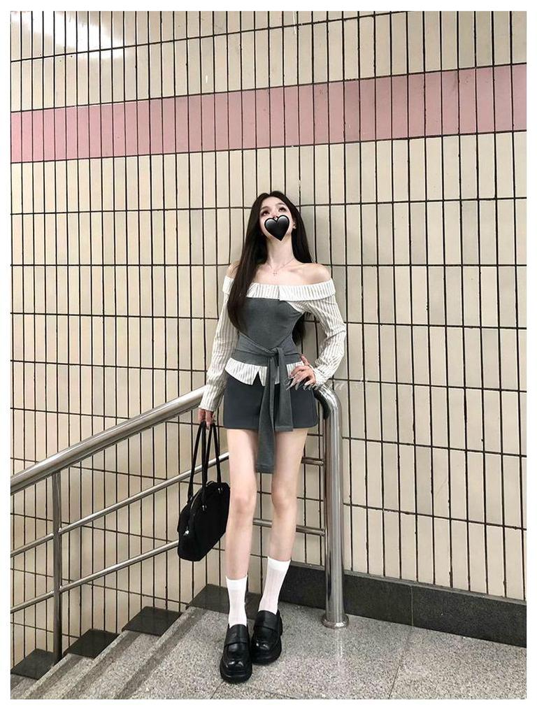 Korean Stripe Color Block Patchwork One-Shoulder Waist-Cinched Slimming Top for Women