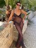 EDOLYNSA 2024 Black Fashion Polka Dots Sexy See Through Spaghetti Strap Beach Maxi Dress Women Summer Party Slip Dresses Swimsuit Cover Up