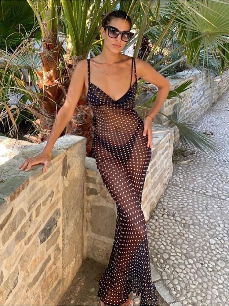 EDOLYNSA 2024 Black Fashion Polka Dots Sexy See Through Spaghetti Strap Beach Maxi Dress Women Summer Party Slip Dresses Swimsuit Cover Up