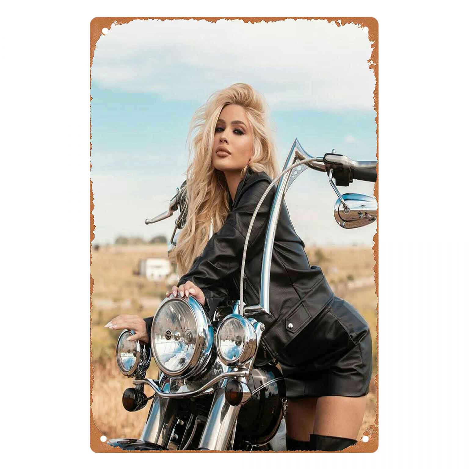 Fierce Woman Biker Dressed in All Black Vintage Metal Wall Sign Decor 20x30cm（7.8x11.8inch）