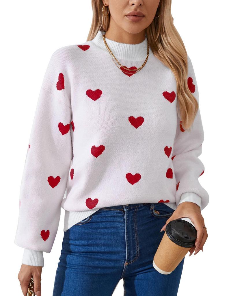 Heart Jacquard Round Neck Pullover Sweater for Women - Autumn/Winter Valentine's Day Style
