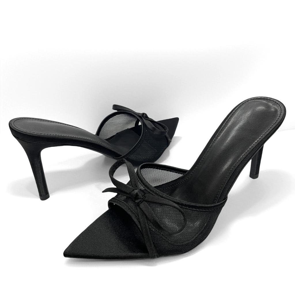 2025 summer breathable open-toed pointed half-drag women's shoes sweet bow sandals European and American temperament mesh high heels