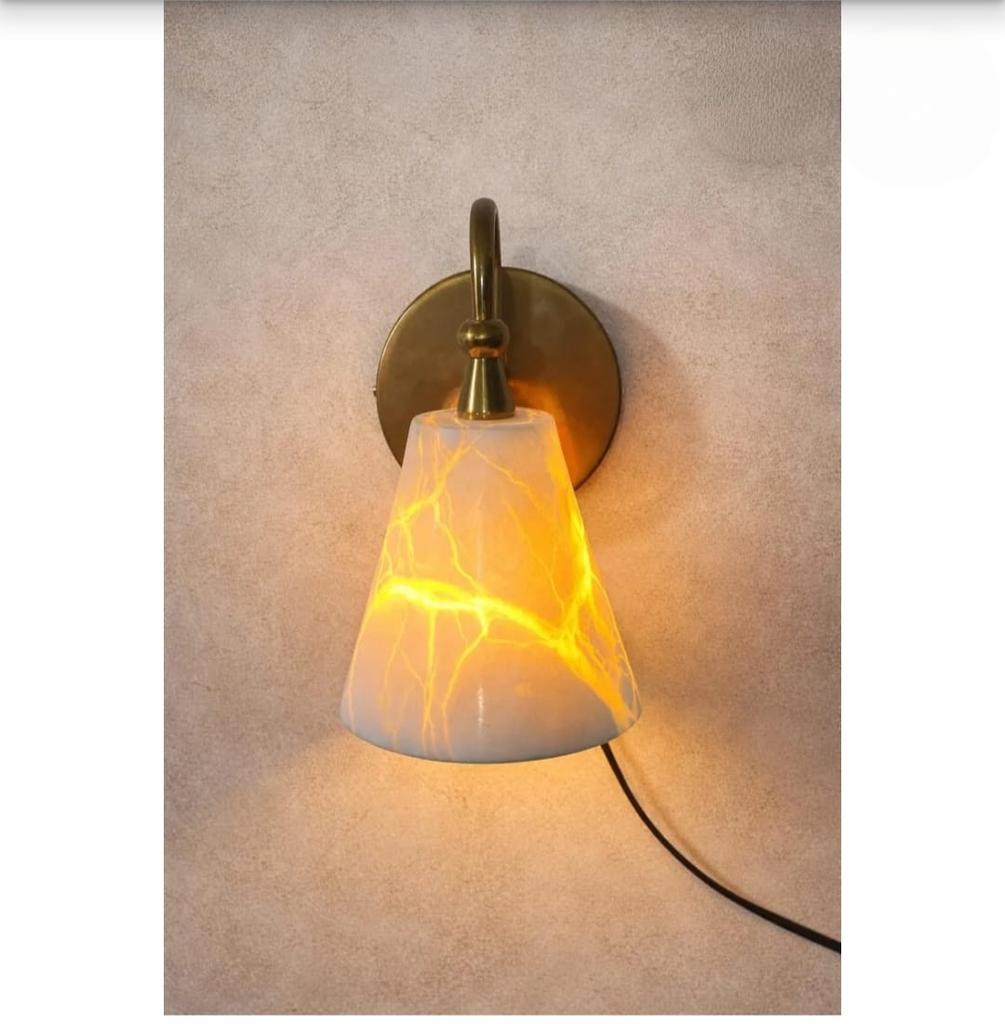 Mid Century Modern Vintage Brass Wall Sconce Alabaster Stone Glass Light Bedside & Bedroom Wall Lamp Luxury Handmade Home Decor Lighting