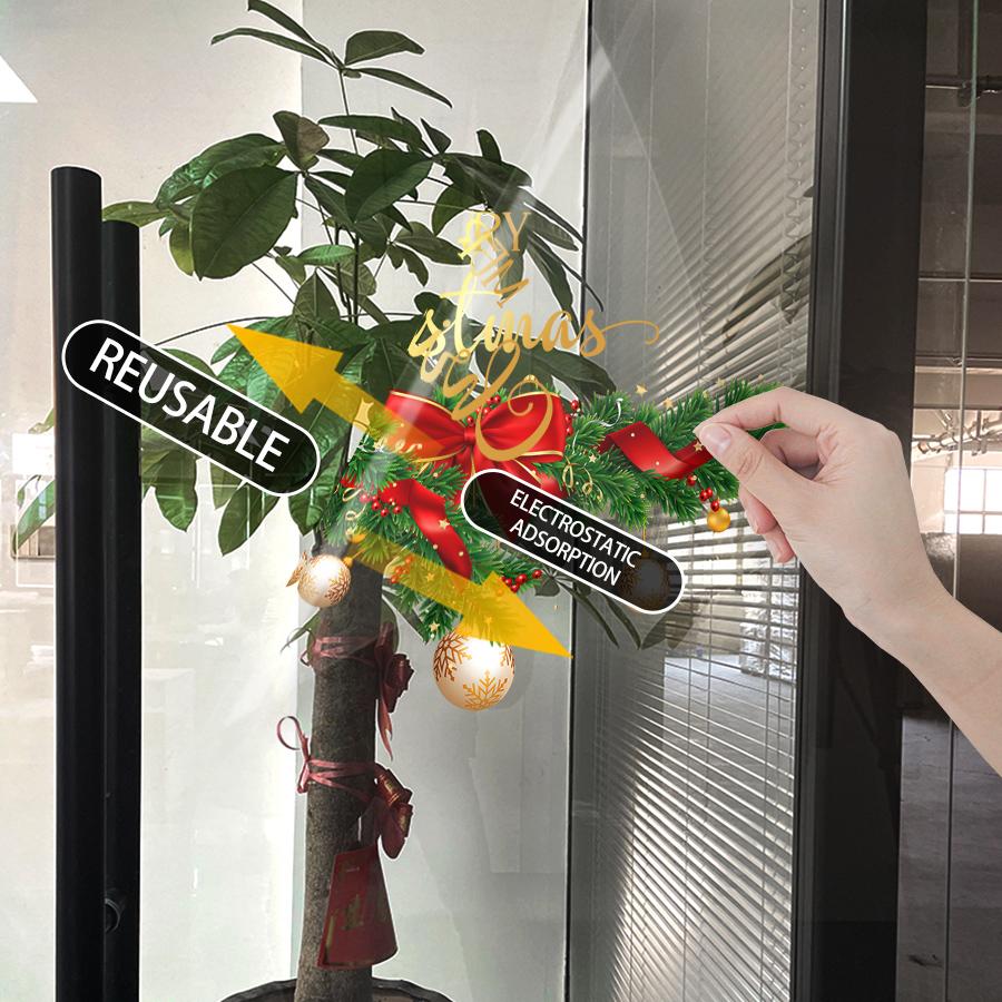 1 PC Christmas Window Sticker, Christmas Sticker Decorative Door Sticker, Special for Christmas Party, Including Bow, Light Ball