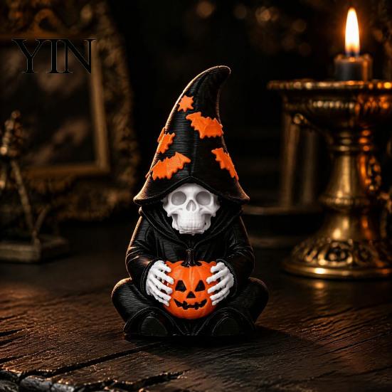 Atmospheric Entrance Decorations Halloween Skeleton Wizard Figurine, 3D Printed Gothic Statue with Mysterious Bookshelf Ornaments Pumpkin& Bat