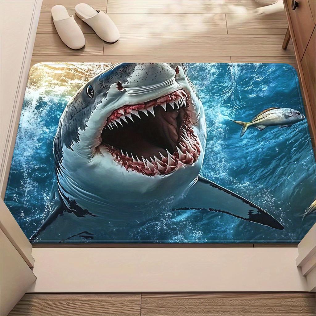 1pc 2D Flat Giant Shark Open Mouth Ocean Blue Flannel Door Mat Non Slip Sea Animal Rug For Entryway Kitchen Floor