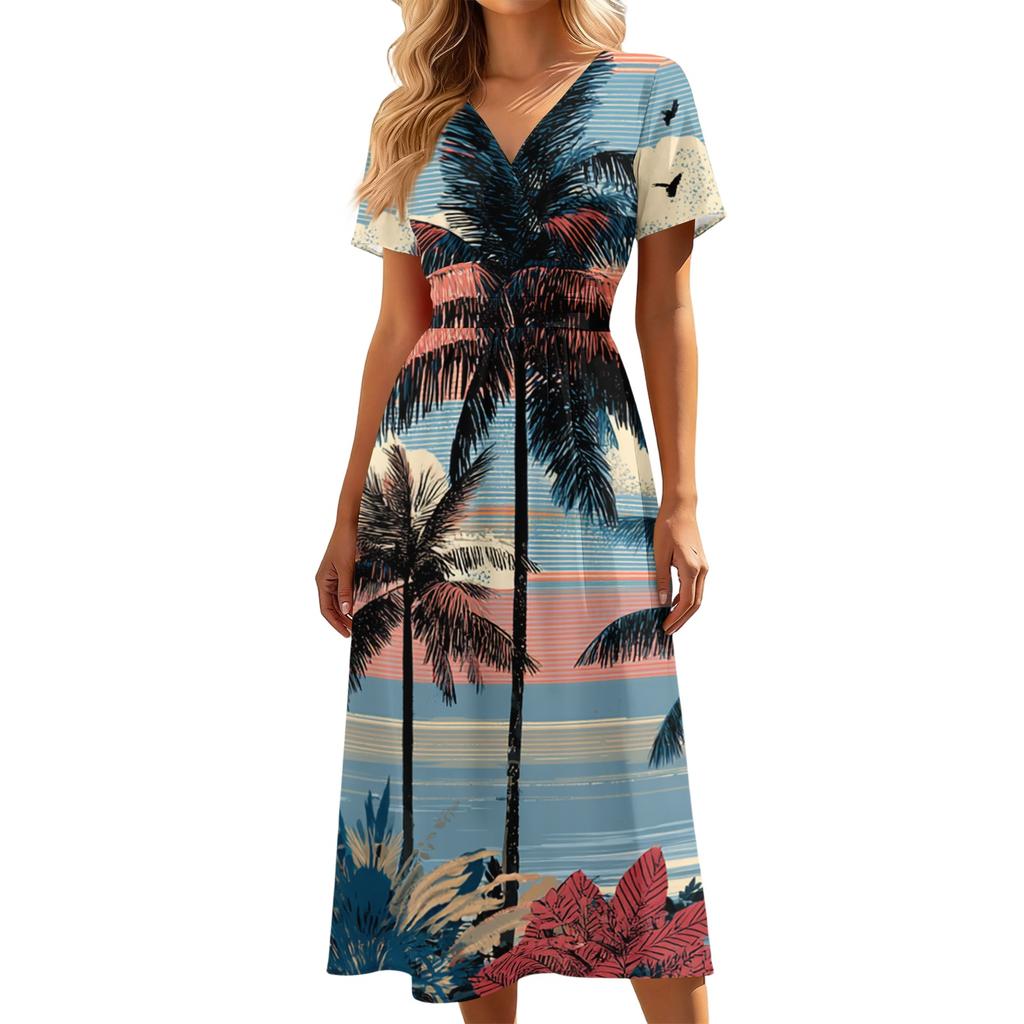 Women V Neck Short Sleeve Casual Dress Hawaiian Print Elastic Waist Midi Length Summer Beach Dress