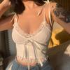 Y2K Lace Trim Crop Top Aesthetic White Bow Cute Sweet Mini Vest Knitted Basic Casual Tee Women