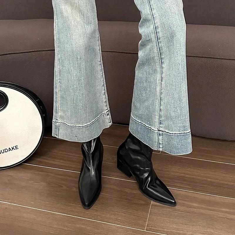 

Large Size Women s Boots Korean Style Pointed Toe Fashion Boots Autumn Winter New Arrival Mid Heel Zipper Back Pull Short Tube 39 чёрный