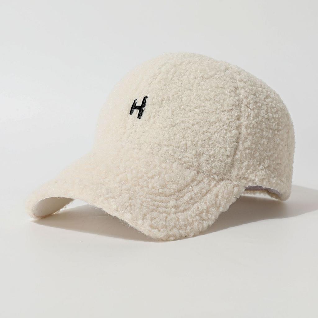 Embroidered H Letter Baseball Hat for Women In Autumn and Winter Lamb Wool Warm and Fashionable Small Peaked Hat Trendy