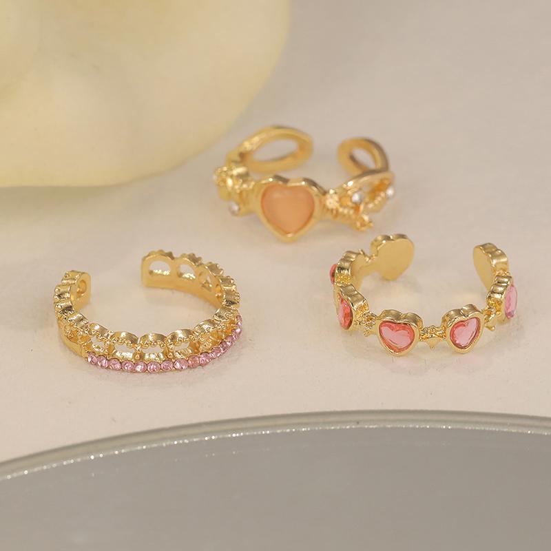 Vintage Y2K Pink Heart Zircon Bowknot Ring For Women Boho Kpop Sweet Girls Open Finger Rings Party Gift Jewelry
